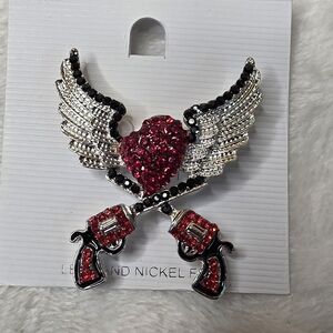Glamorous Silver Red Winged Heart Double Pistol Brooch